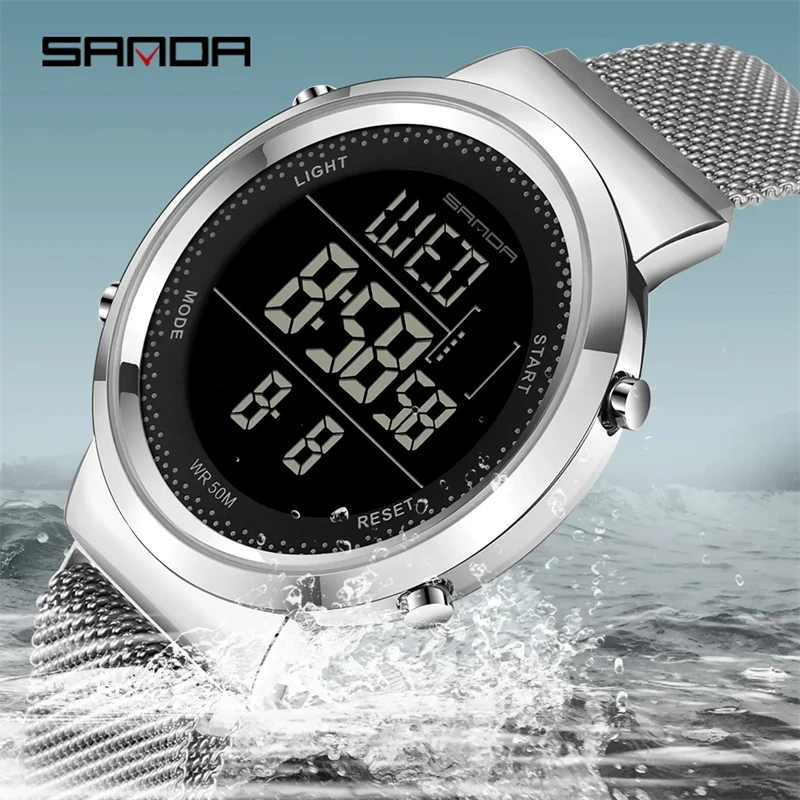 SANDA-reloj deportivo Digital Led para hombre y mujer, cronógrafo con correa de malla de acero inoxidable, resistente al agua hasta 50m, 383, 384