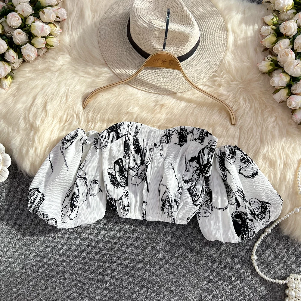 Chic Off Shoulder print chiffon Blouse puff sleeve Slim Sexy Korean Fashion crop Top Summer Beach sweet Women Shirt