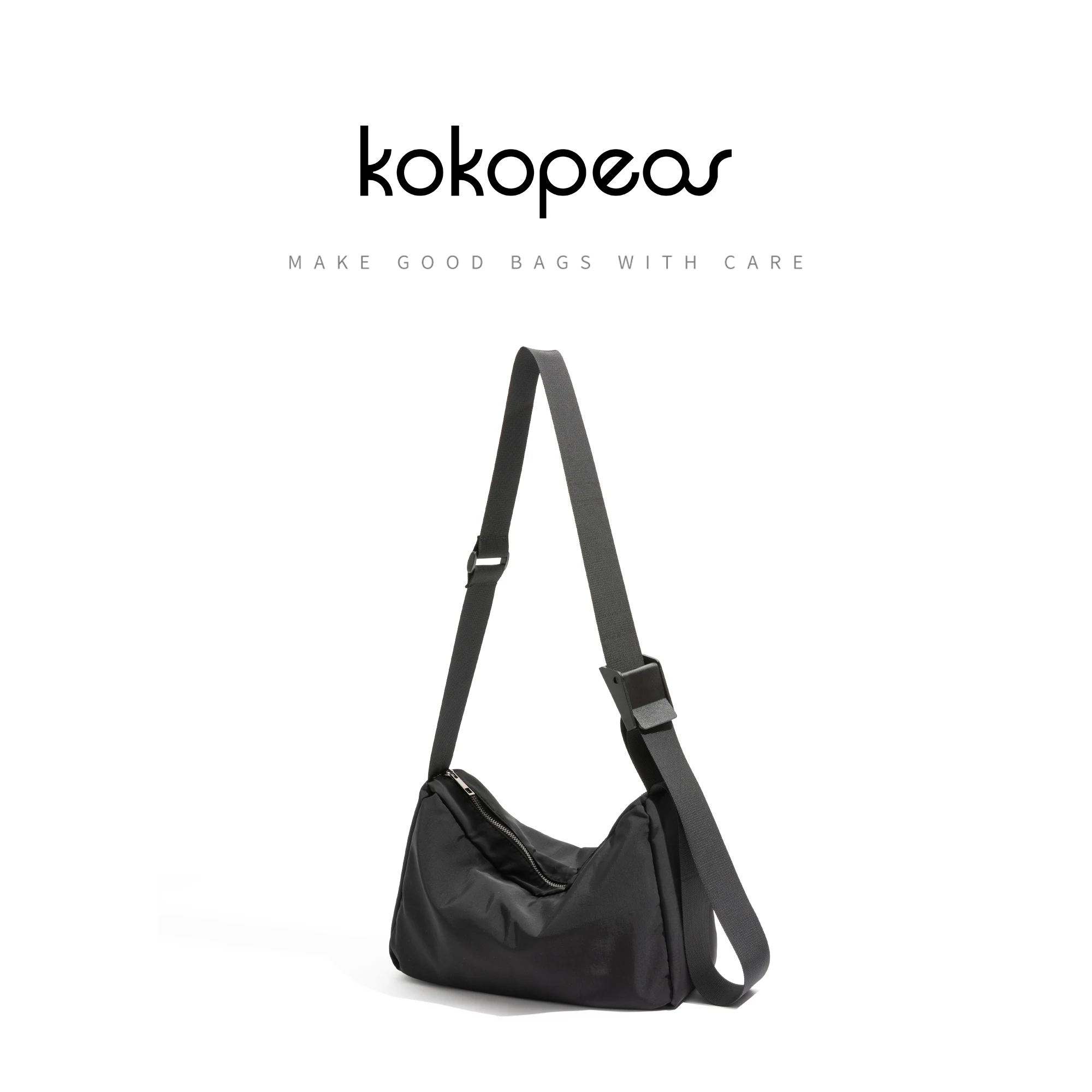 KOKOPEAS Black Nylon Pillow Bag Classic Practical Sport Style Gym Pouch Solid Color Simple Leisure Shoulder Shopping Purse