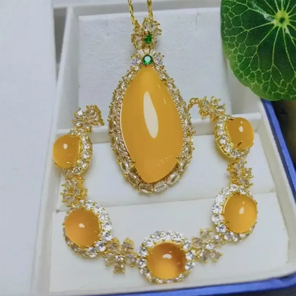 

Topaz pendant necklace and bracelet luxury jade jewelry set