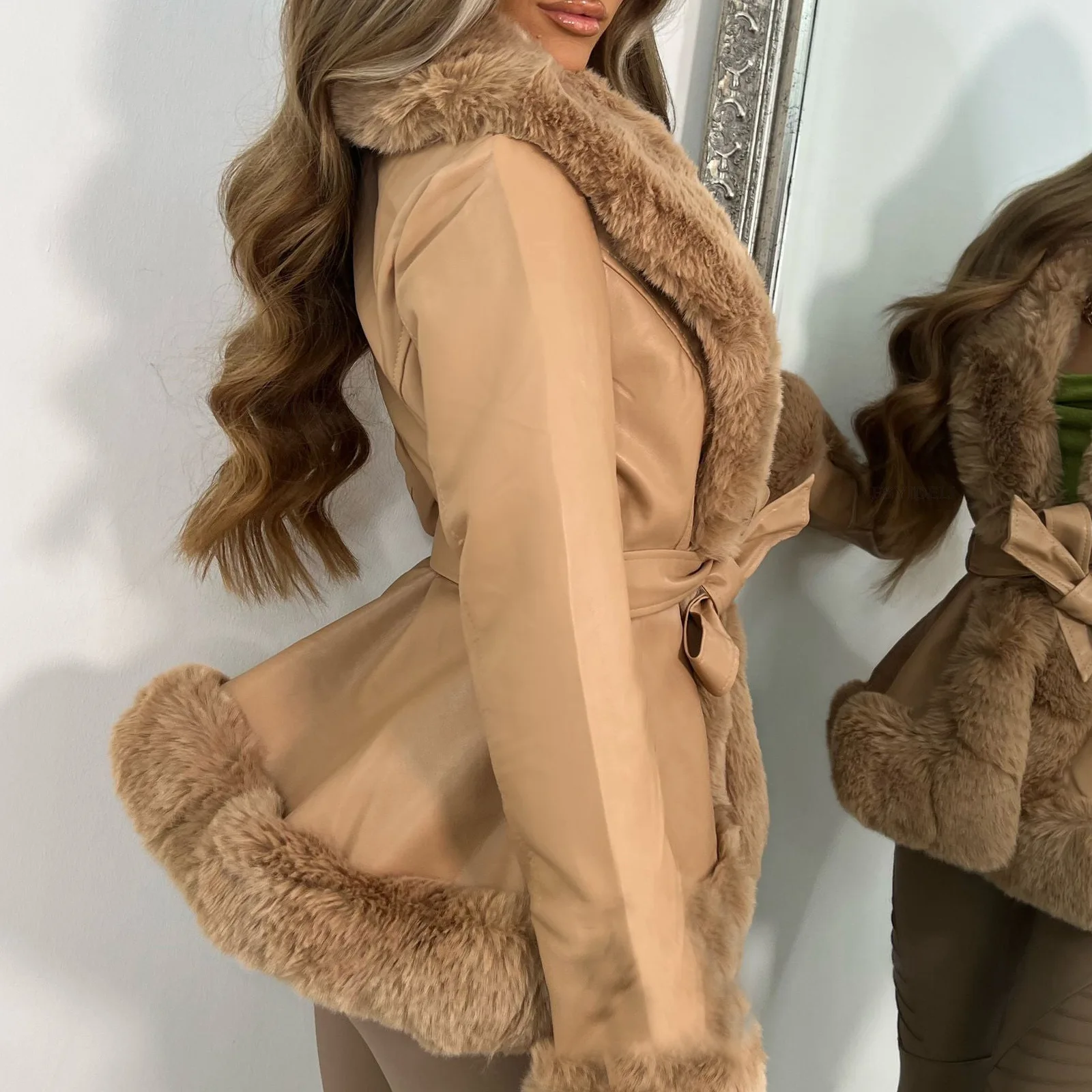 Fashion Women'S Faux Leather Jacket With Faux Fur Collar Streetwear Long Sleeve Parka With Pockets Warm Winter Coat With Belt