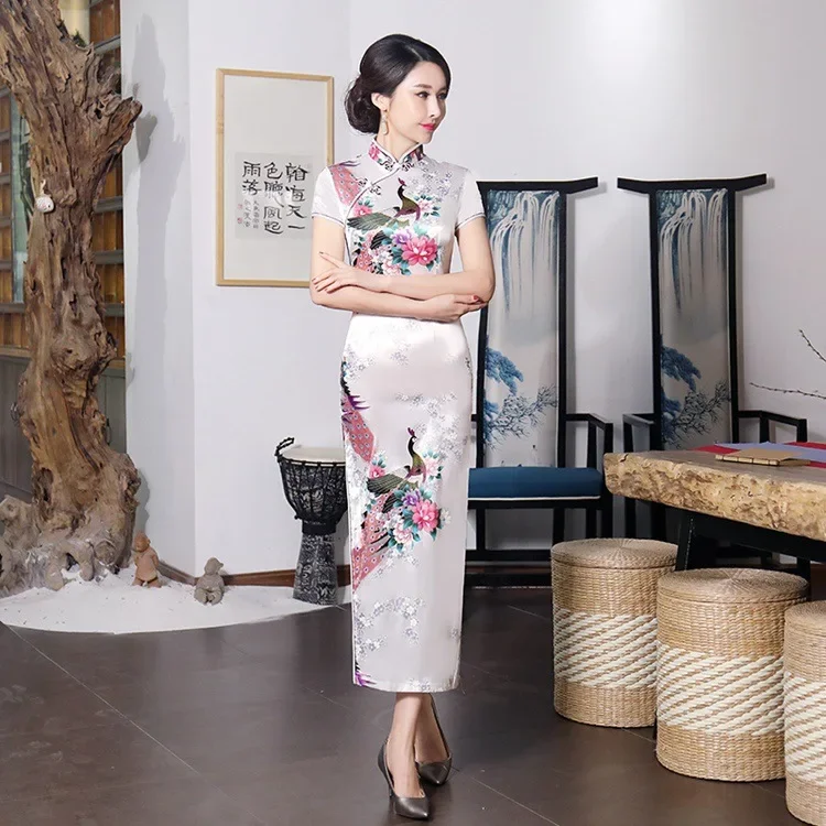 Chinese Nationale Lente Cheongsam Lange Jurk Bloemen Vintage Zijden Jurken Vrouwelijke Vrouwen Qipao