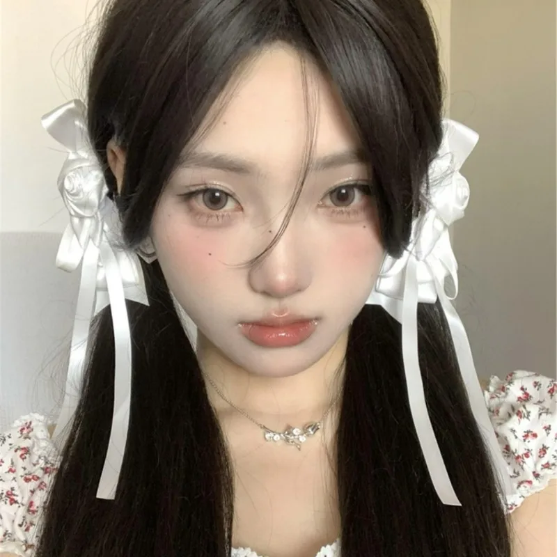 2pcs Korean Lace Flower White Bow Ribbon Hair Clip for Women Hairpin Bullet Style Side Shredded Hairpins Headpiece Clip Headwear