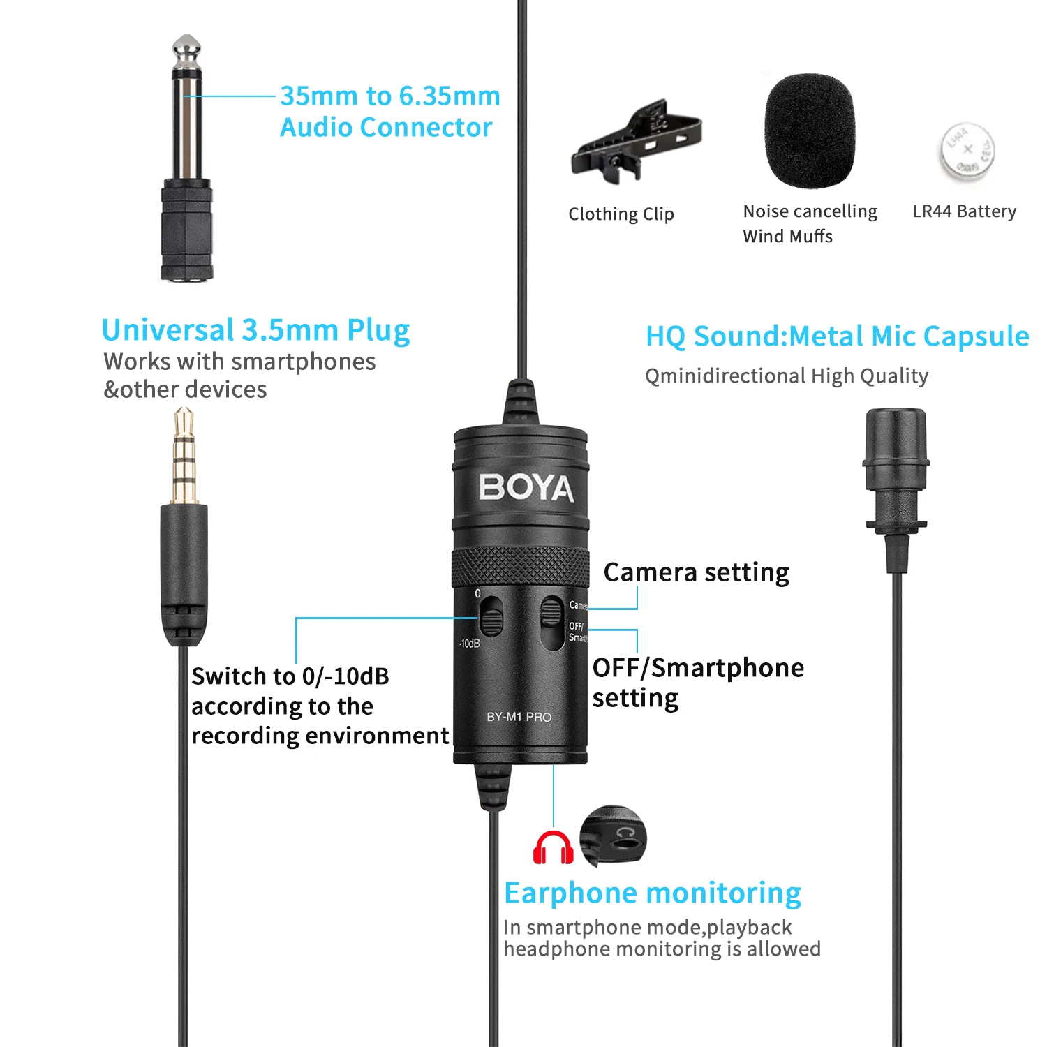 BOYA BY-M1 PRO – Microphone Lavalier à condensateur omnidirectionnel Portable 6m, pour Canon, Podcast, Nikon, Sony, iPhone 13, Huawei