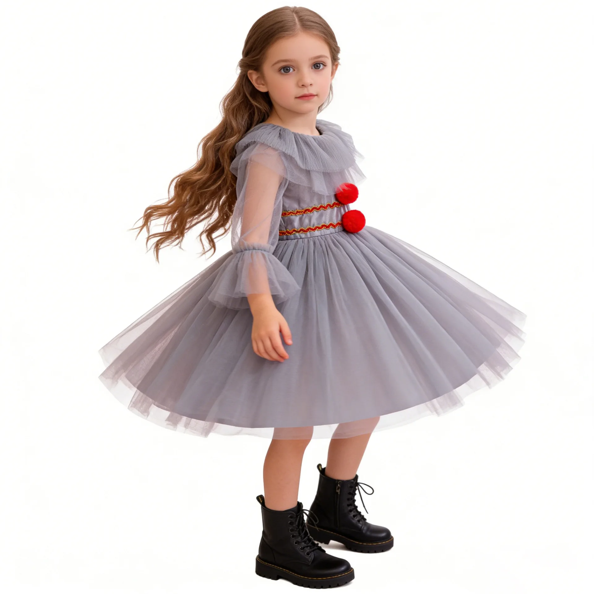Disfraz de Payaso Pennywise para Niñas, Vestido de Cosplay, Traje de Juego de Rol IT con Pompones Rojos, Ropa para Halloween y Día del Libro