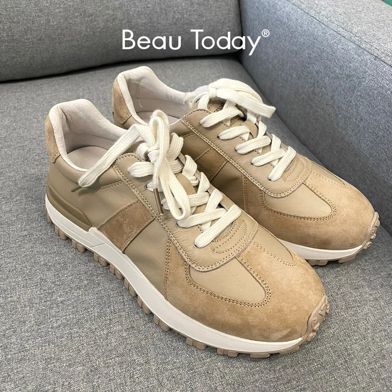 BeauToday Flats Sneakers Genuine Pig Suede Cross-Tied Design Platform Patchwork Round Toe Ladies Trainers Handmade B29130