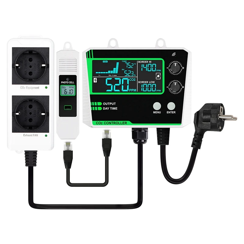 Controller-diossido di carbonio-Doppio canale-Split-Probe-CO2-Monitor-CO2-Riduttore-pressione-Valvola-Per-serra-EU-Plug-B