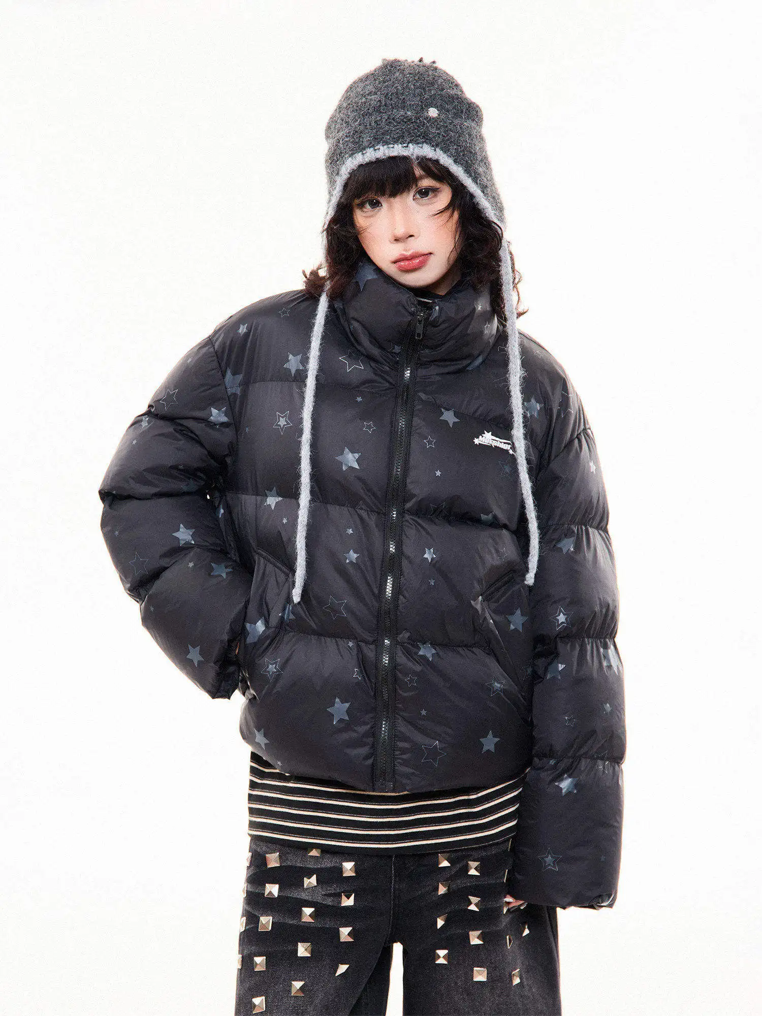 

Women's Thiened Cotton Jaet MKGO American Star Print Stand Collar Bread Sle Coat Winter New Arrival Loose Versatile Warm