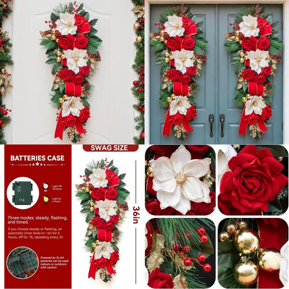 

36 часов в виде каплевидных капель с предварительной подсветкой: белая магнолия, красный бант, ягоды и зимняя сосна для праздничного декора двери или крыльца