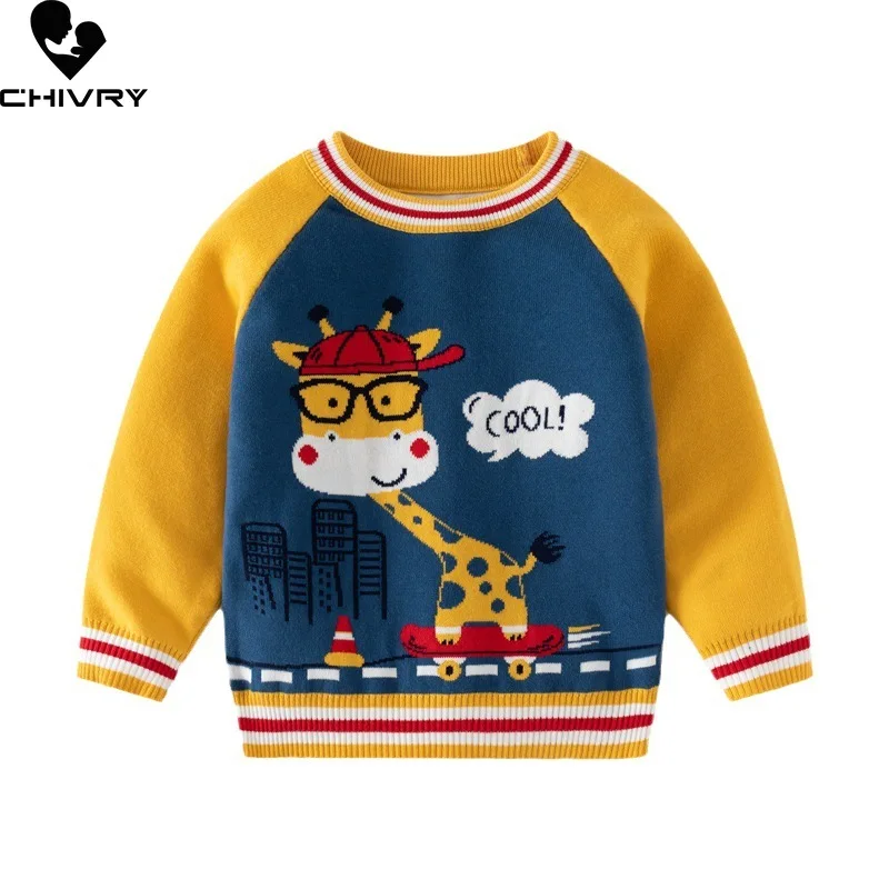 

New 2023 Autumn Winter Baby Boys Round Neck Pullover Sweater Kids Cartoon Giraffe Jacquard Raglan Sleeve Knitted Sweaters Tops