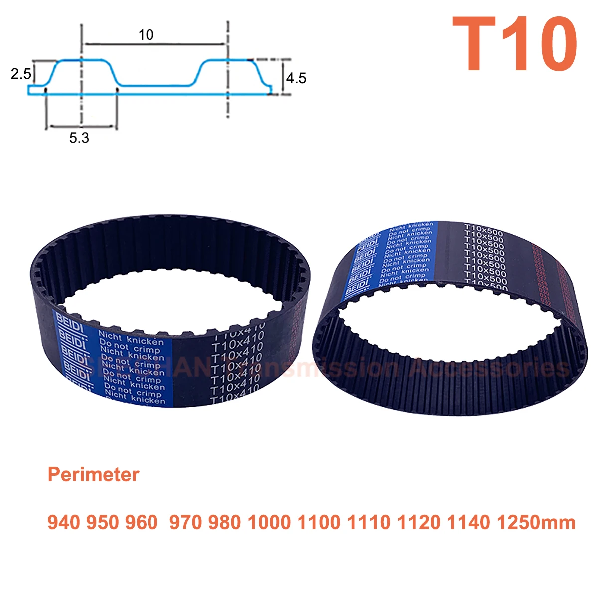 Trapezoid T10 Synchronous Belt Perimeter 940mm - 1250mm Rubber with Fiberglass Core Width 15/20/25/30/40/50mm Timing Belt