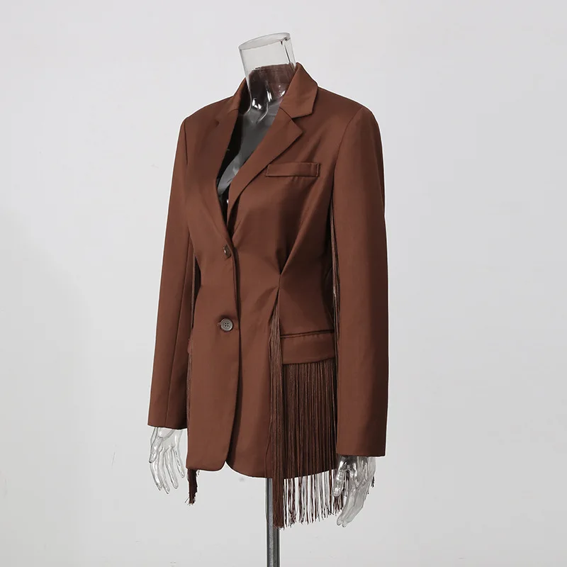 HKSH Women Blazer Vintage Tassel Patchwork Design Waist Cinching Solid Color High Street Elegant Chic Slim Fit Suit-Coat HK28187