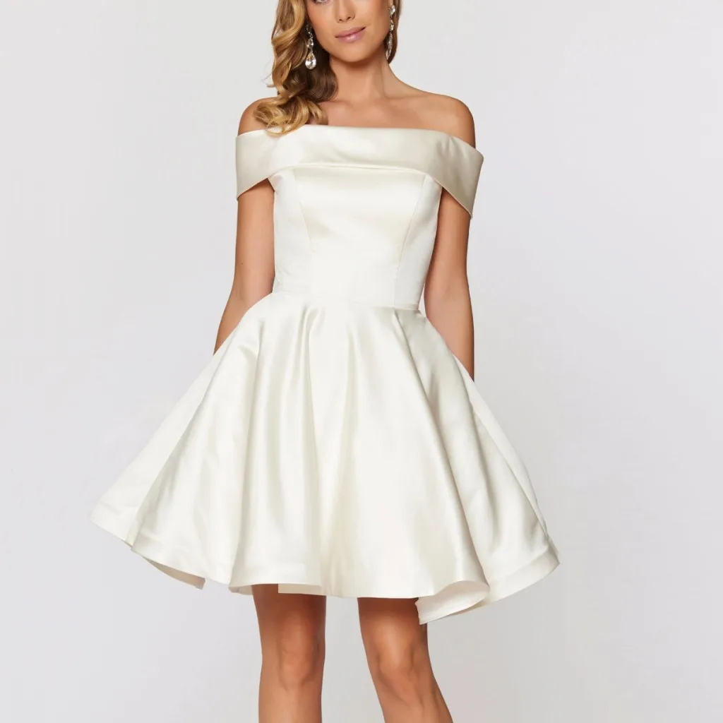 Günstige kurze Satin-Abschlusskleider Mini schulterfrei, königsblaues Ballkleid, Abendkleider, A-Linie, Brautjungfern-Partykleid