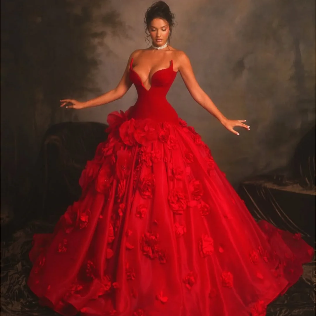 

Luxurious Evening Dresses Women Sweetheart Neck Red vestidos de fiesta 3D Flowers Wedding Party Dress Customized Prom Gowns
