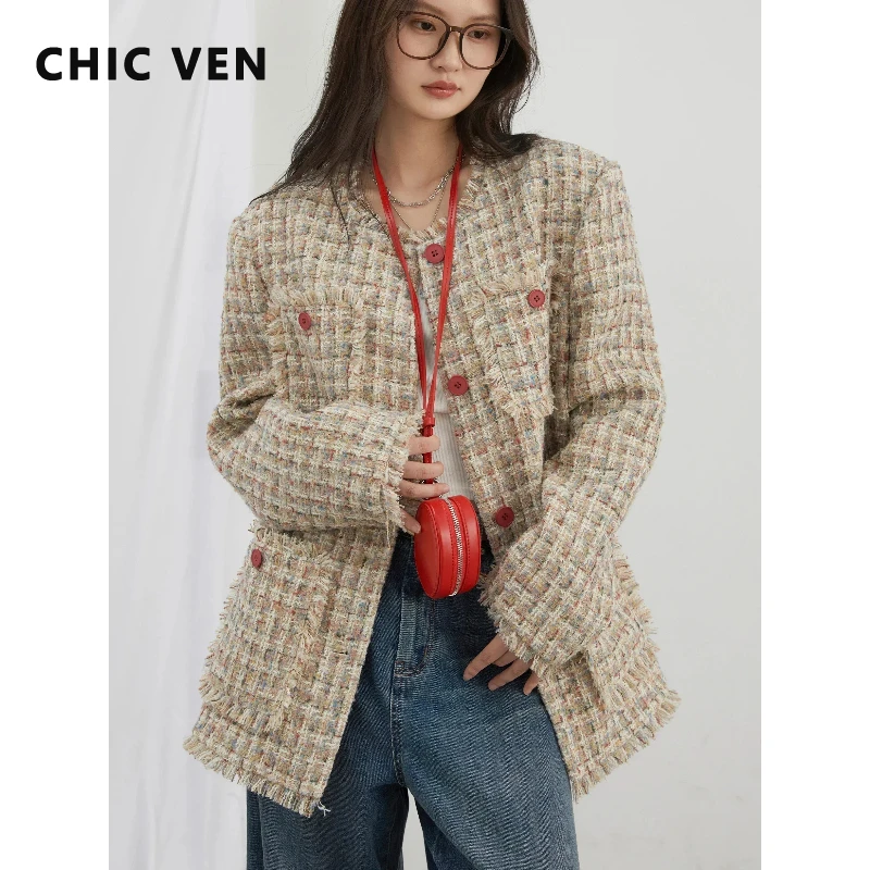 

CHIC VEN Fashion Women Coat O Neck Single Breasted Retro Loose Jacket Office Ladies Clothing Spring Autumn 2026 New Outerwear