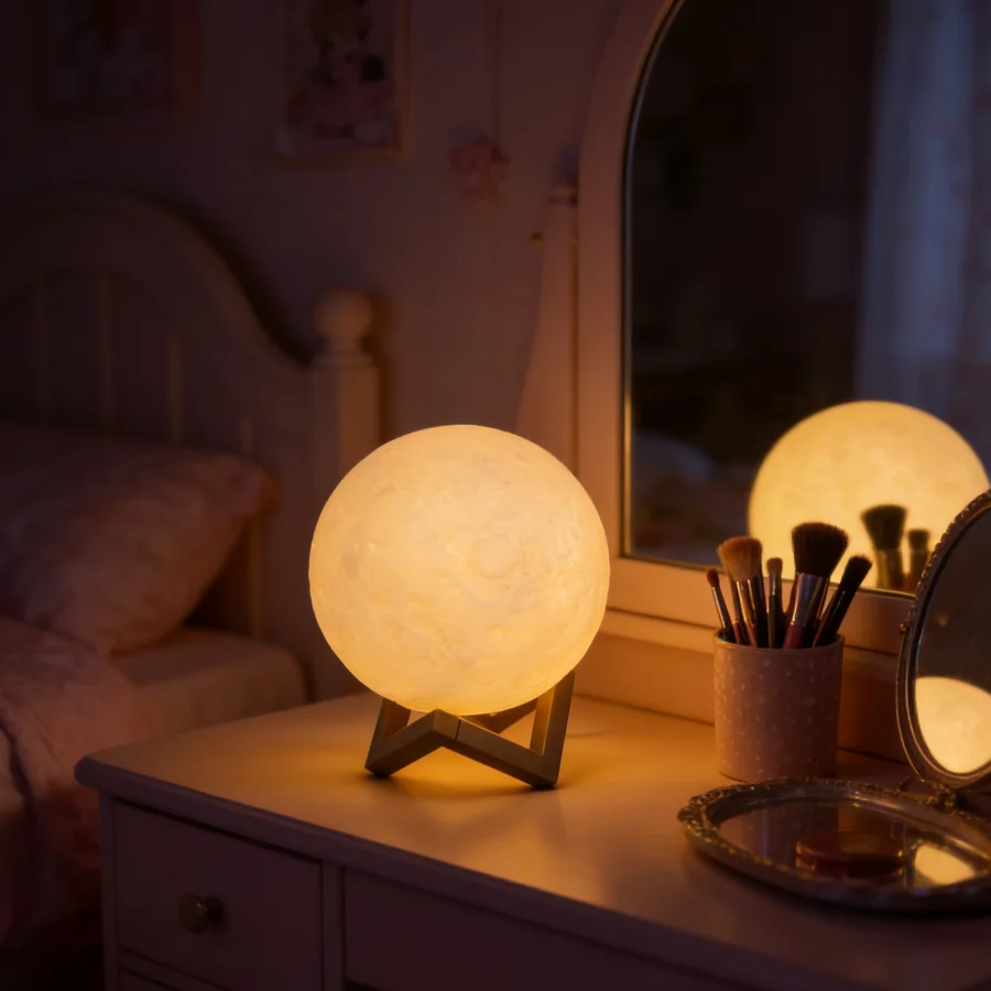 

1PC Lunar Moon Table Lamp | Wooden Base Ambient Night Light for Bedroom, Office & Gift