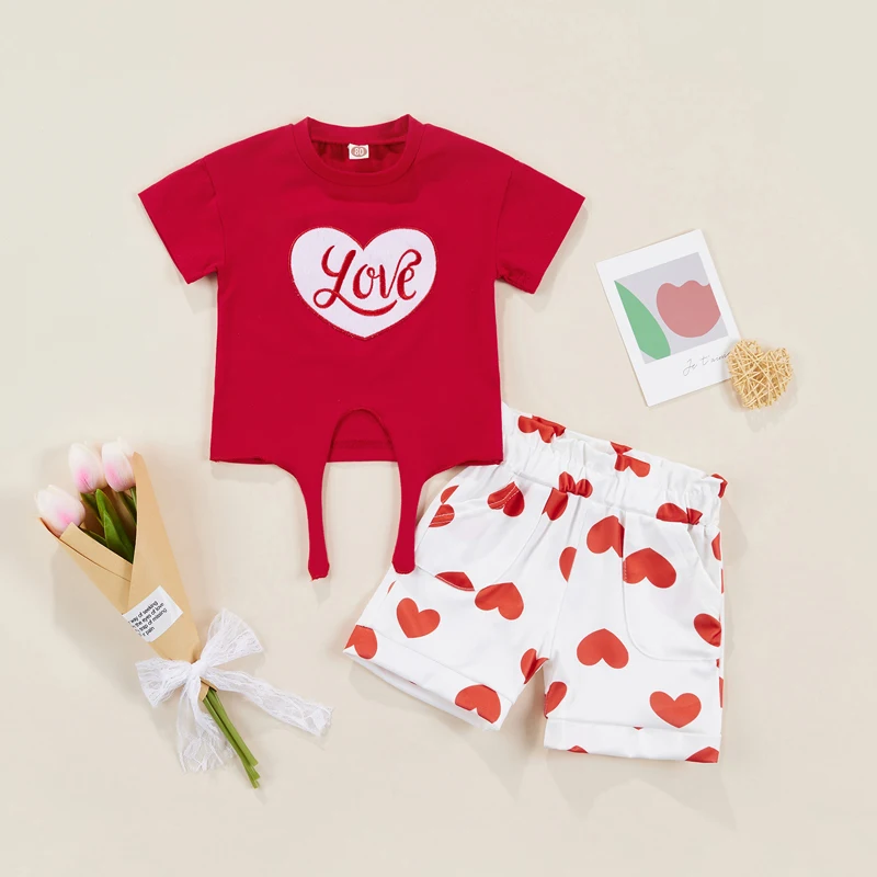 

Toddler Girl s Embroidered Floral Pattern Short Sleeve Round Neck Top Heart Print Shorts Set for Summer Fun and Style