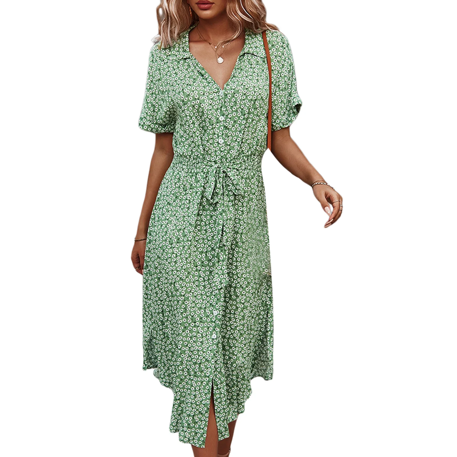 Damen Sommer ästhetische Button-up-Midi-Kleid, Kurzarm ästhetischen Blumen ästhetischen Druck Kordel zug lose Hemd Kleid