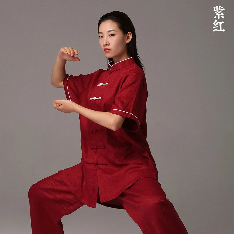 Linen Short Sleeve Tai Chi Uniform for Women Men Spring Summer Martial Arts Performance Competition Color Block Wear