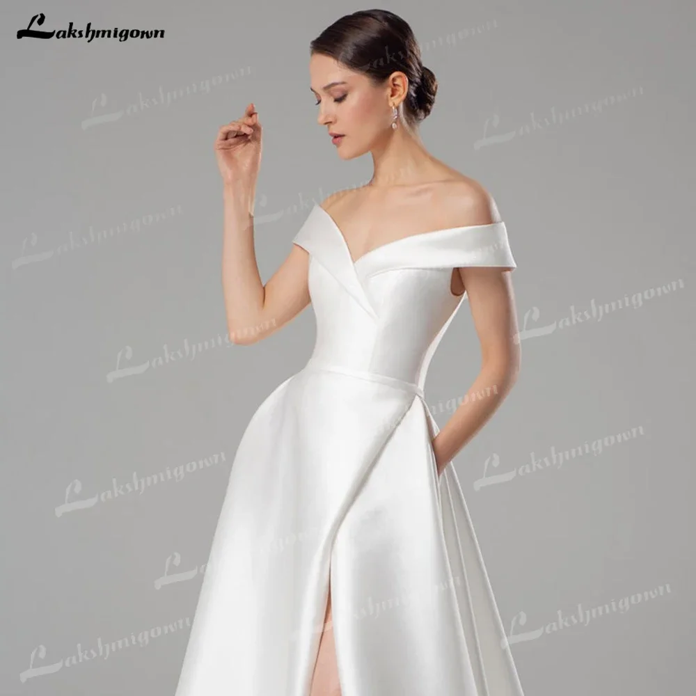 Robe de mariée simple en satin classique, robe de mariée unique, grande taille, poches blanches dorées, bandoulière dénudée moderne