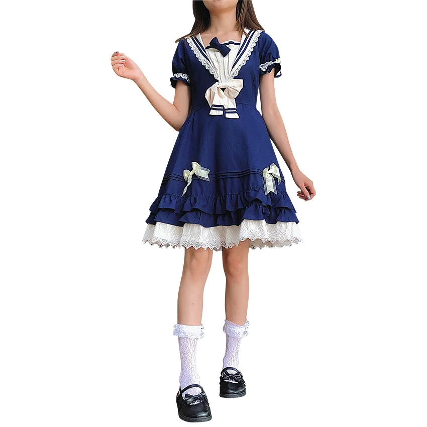 Lolita Lively and Cute lace Bow Dress Summer College Style Princess Dress Sailor Daily Short Skirt