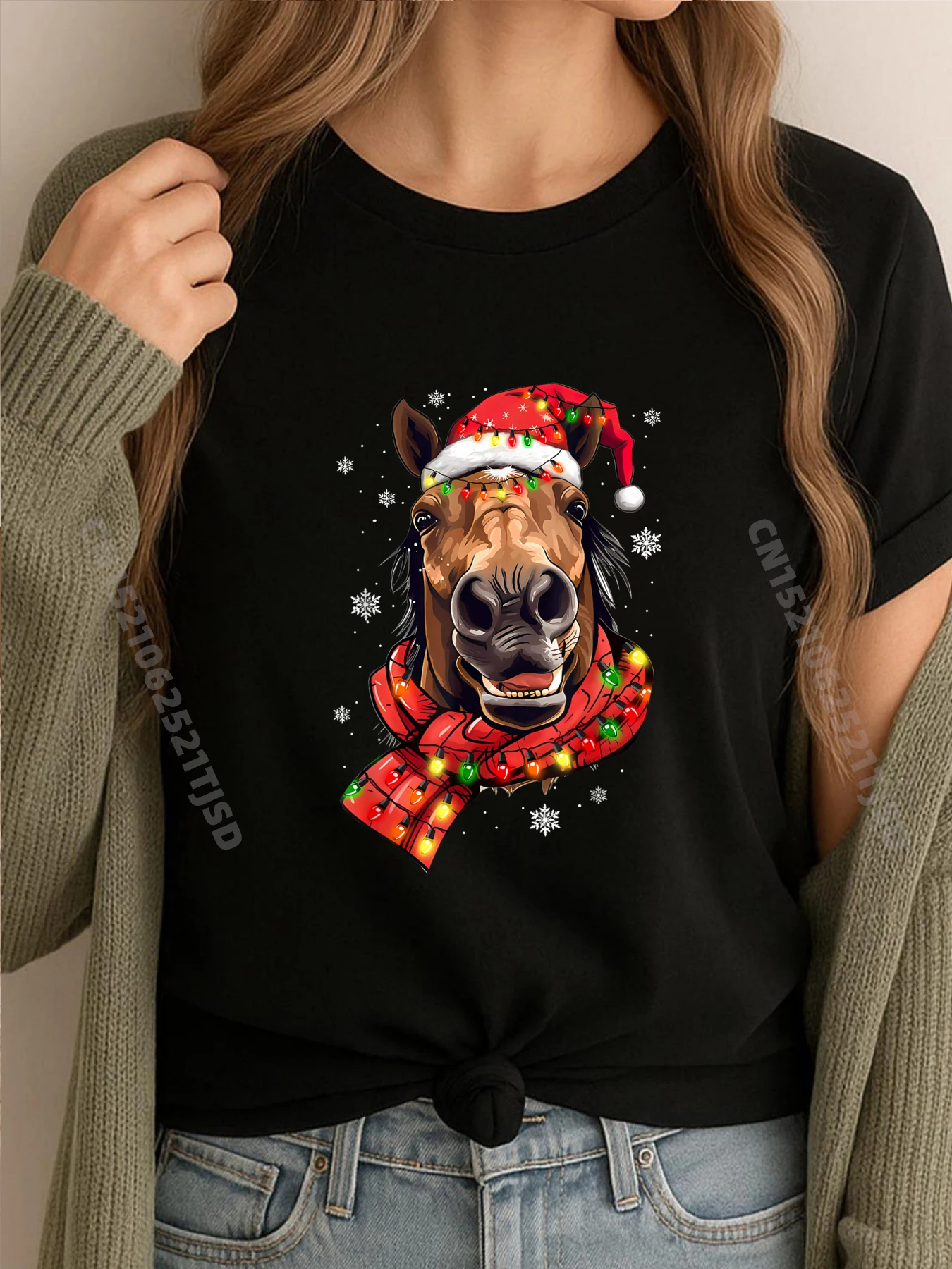 

Конная лошадь с портретом, западная лошадь, рождественские рождественские огни, хлопковые футболки с рисунком, женские роскошные футболки