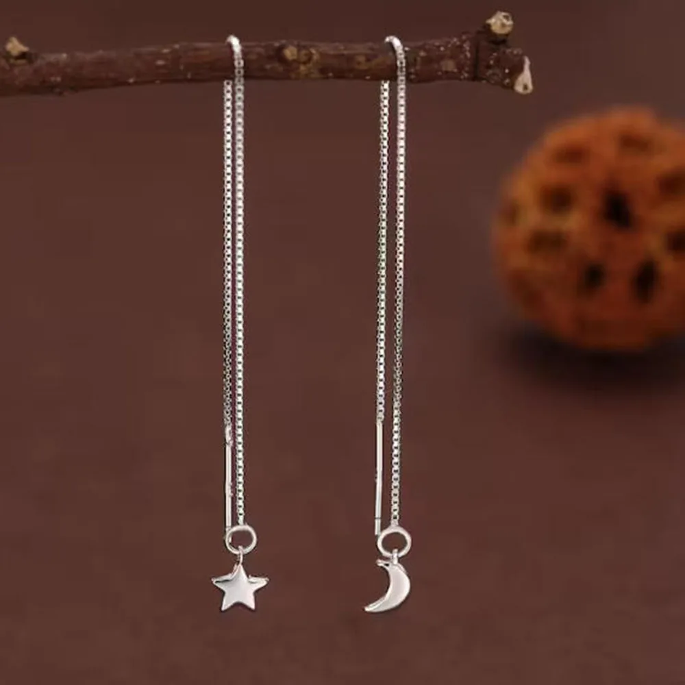 Moon and star pattern 10cm long pure silver threaded earrings, double-layer design
