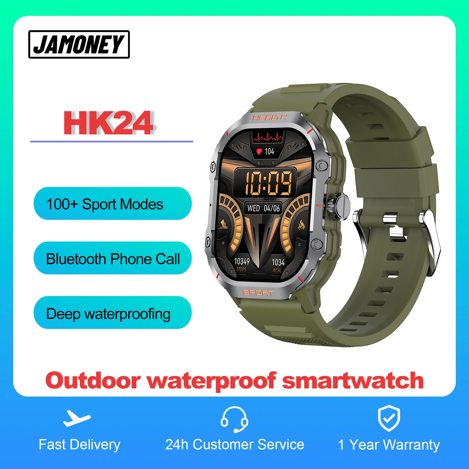 JAMONEY HK24 ATM Outdoor Waterproof Sports Monitoring Fashion Smart Watch 2024 for IOS Android Smartwatches AMOLED