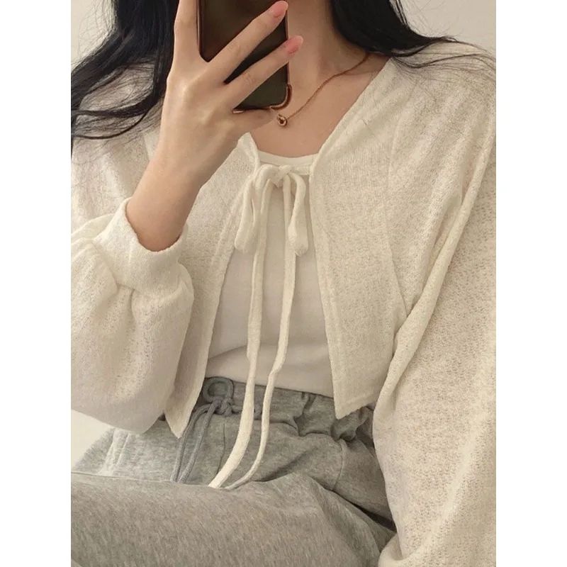 Deeptown Lace Up White Cardigan V Neck Knitwear Lantern Sleeve Women\'s Sweater Korean Fashion Spring Knit Oversize Wear To Work