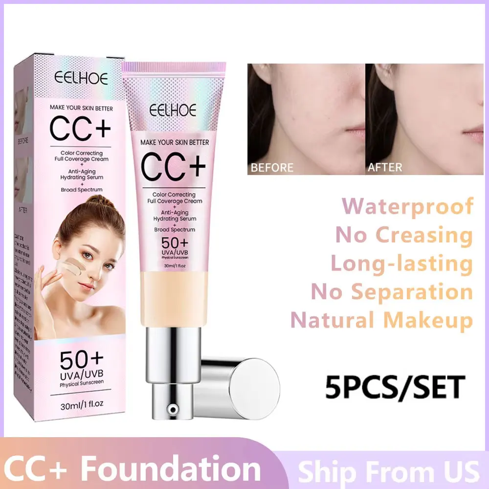 5pcs CC+ Cream Foundation korean makeup whitening cream Color Correcting SPF 50+ Sunscreen Moisturizing No Creasing Foundation