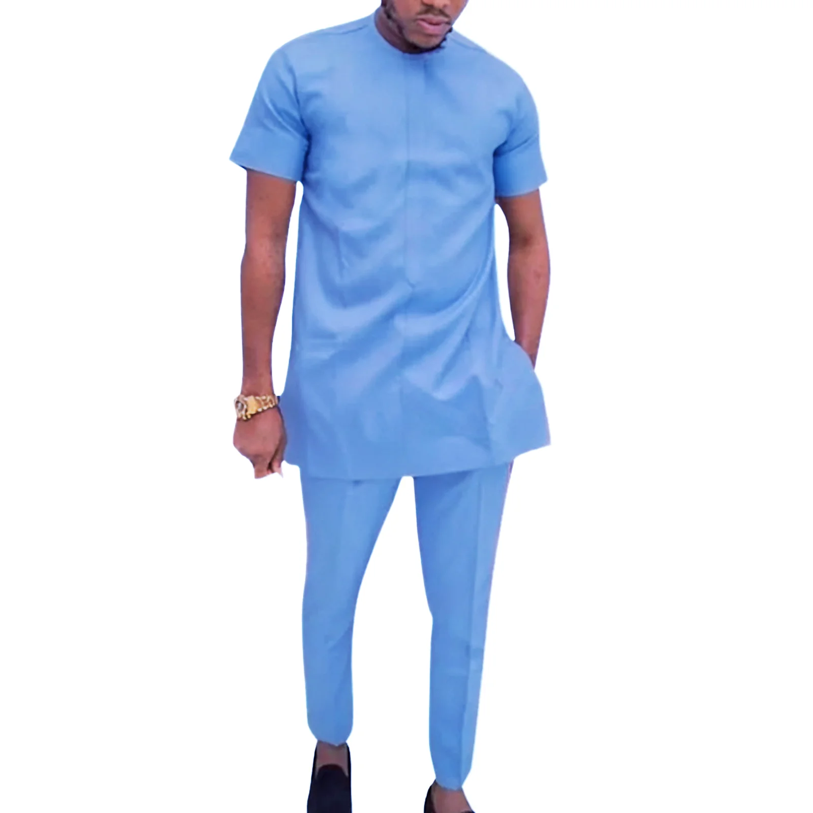 

Африканская одежда Небесно-Голубой хлопковый эластичный мужской комплект Топ с коротким рукавом + брюки нигерийская модная одежда ультратонкая и дышащая