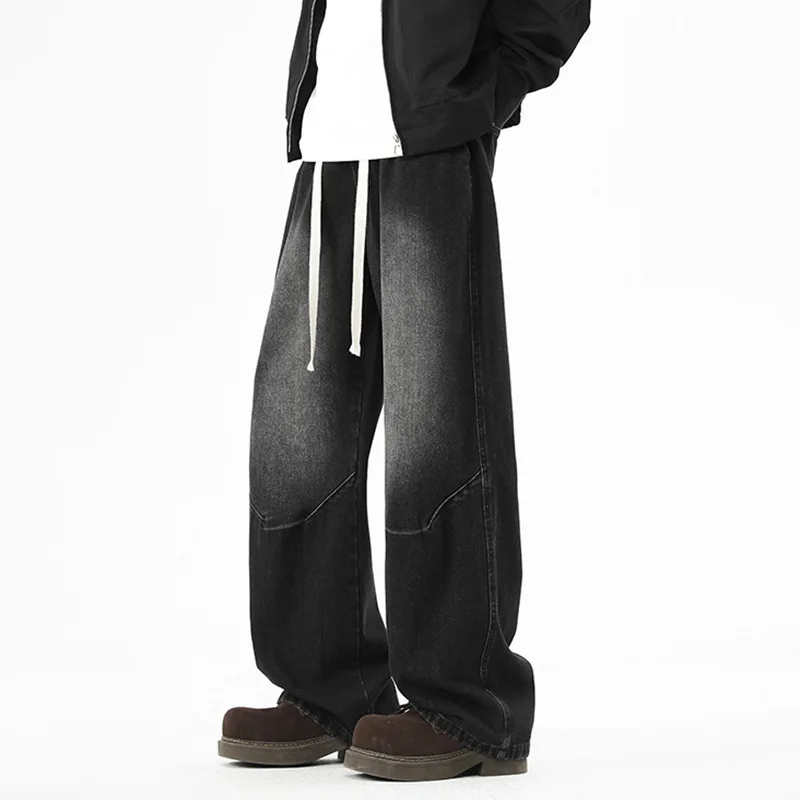 Celana Jeans Pria Model Vintage Amerika, Warna Solid, Kasual Trendy, Kaki Lebar, Longgar, Lurus, Dasar Sederhana