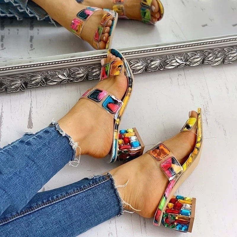 2023 Sandals for Women Square Heels Summer Sandals Peep Toe Ladies Multi Colors Heeled Shoes Female Sandalias Outdoor Slippers