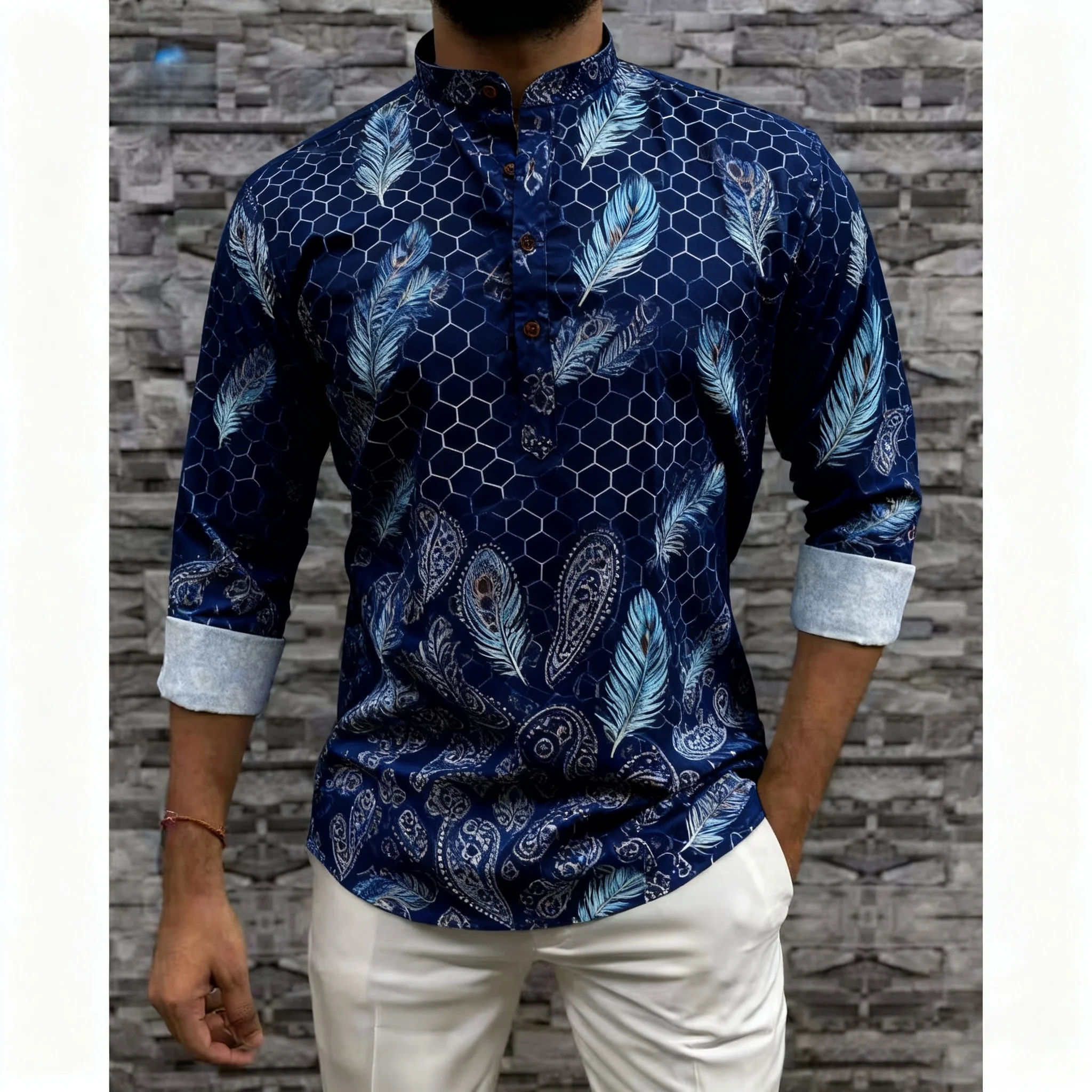 2026 ملابس رجالية مسلمة الوقوف طوق الذهبي طباعة قميص طويل الأكمام العصرية ملابس كاجوال Ropa Arabe De Hombre الإسلامية #4