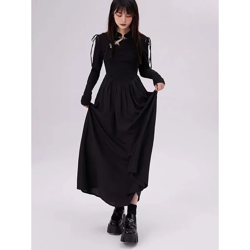 

Black Gothic Women Dress Elegant Vintage Y2K Long Sleeve Casual Party Bottoming Chic New Korean Fashion Harajuku Lady Midi Dress