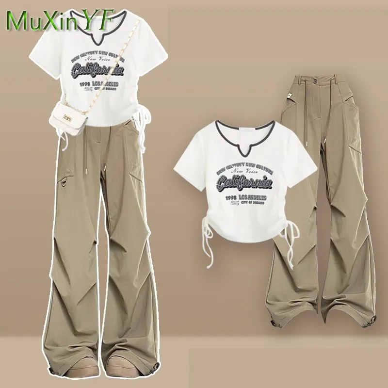 Women's Summer New Casual Tracksuit Matching Set 2024 Korean Elegant Printed Short Sleeved Top+work Pants Two-piece Female Suit