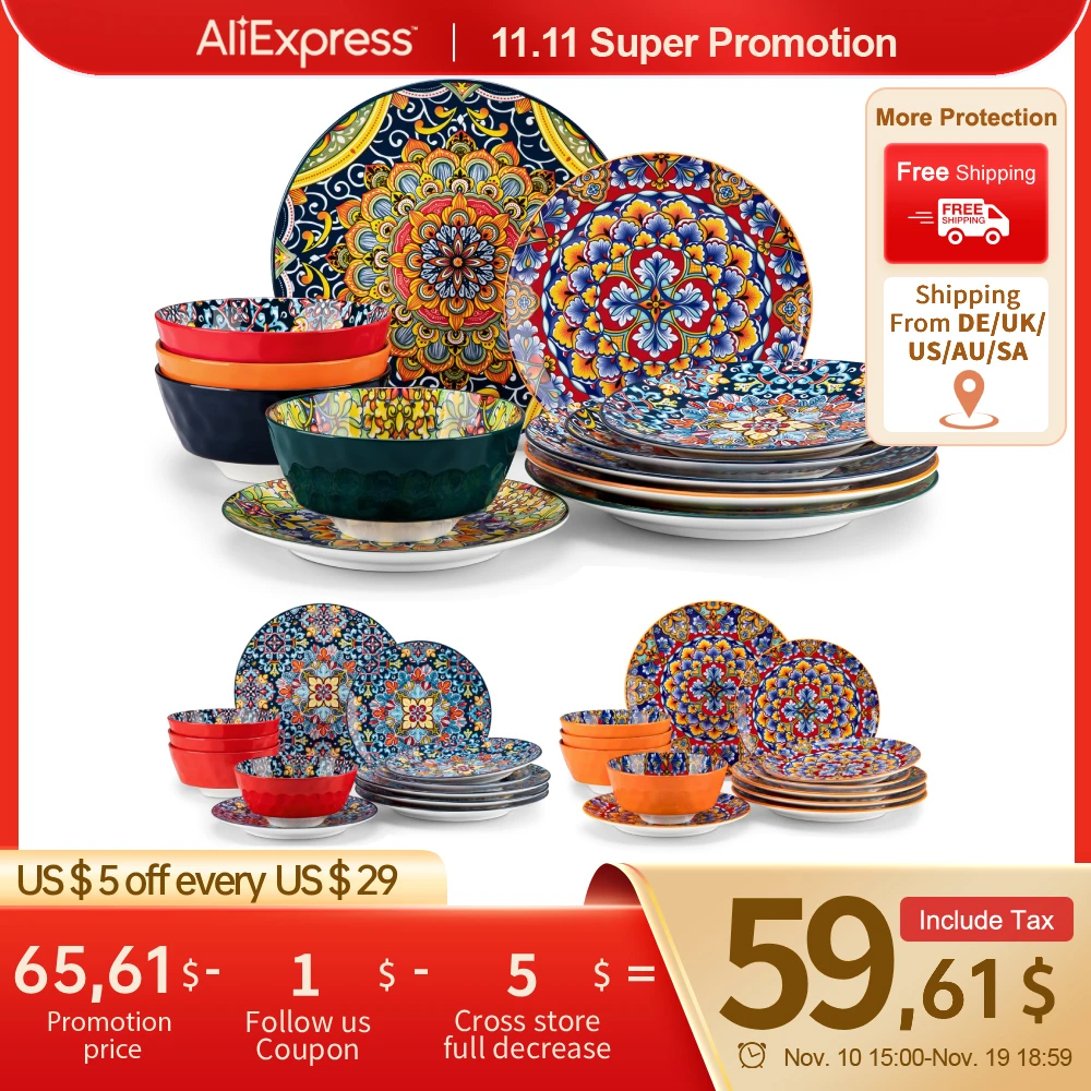 

vancasso 12/24 Piece New Bohemian Ceramic Dinnerware Plates Porcelain Plates Dinner Set with 4pcs Dinner Plate/Dessert/Bowl