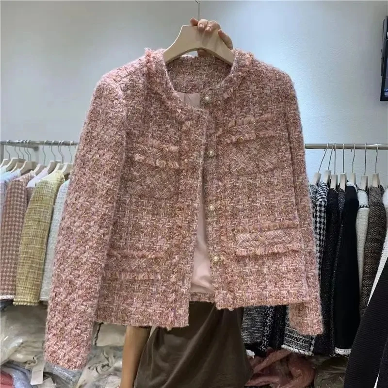 2024 New Spring Autumn Women's Jacket Tweed Small Fragrance Coat Short Korean Fashion Advanced Sense Temperament Tops Cardigan