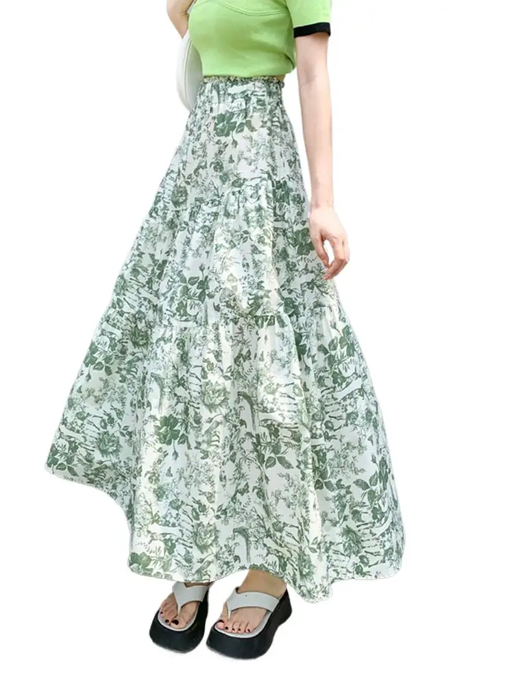 

Spring Cotton Medium Length Female Fresh Green Print French Print Lotus Leaf Side Skirts Ankle-Length Breathable Chic Vestidos