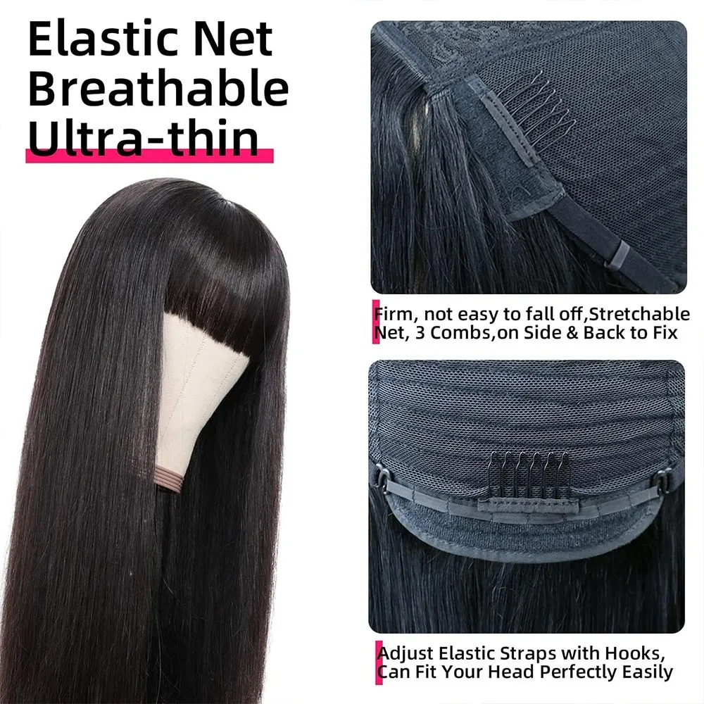 32 34 Human Hair Wig with Bangs Raw Indian Straight Human Hair Fringe Wigs 10-32Inch 180 Density Straight Human Wigs For Women
