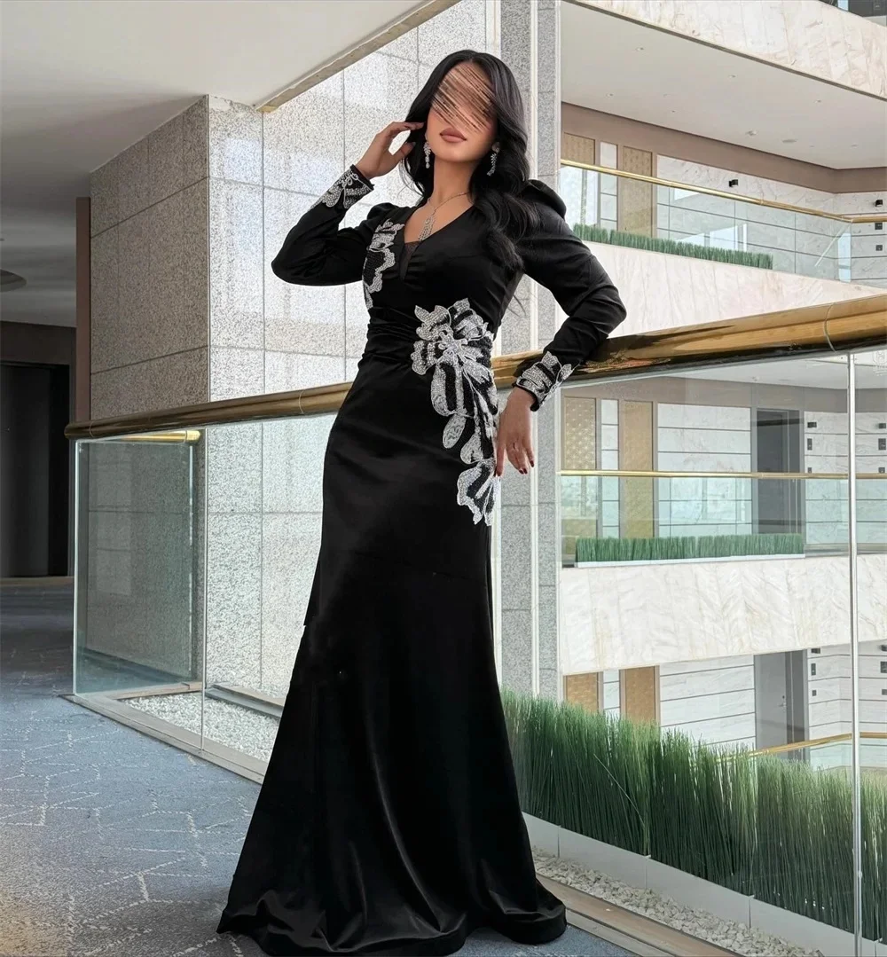 

Black Beaded Long Sleeves Bespoke Occasion Gown Evening Dresses Pastrol Unisex Jersey Retro Dubai Saudi Arabic Prom Customized