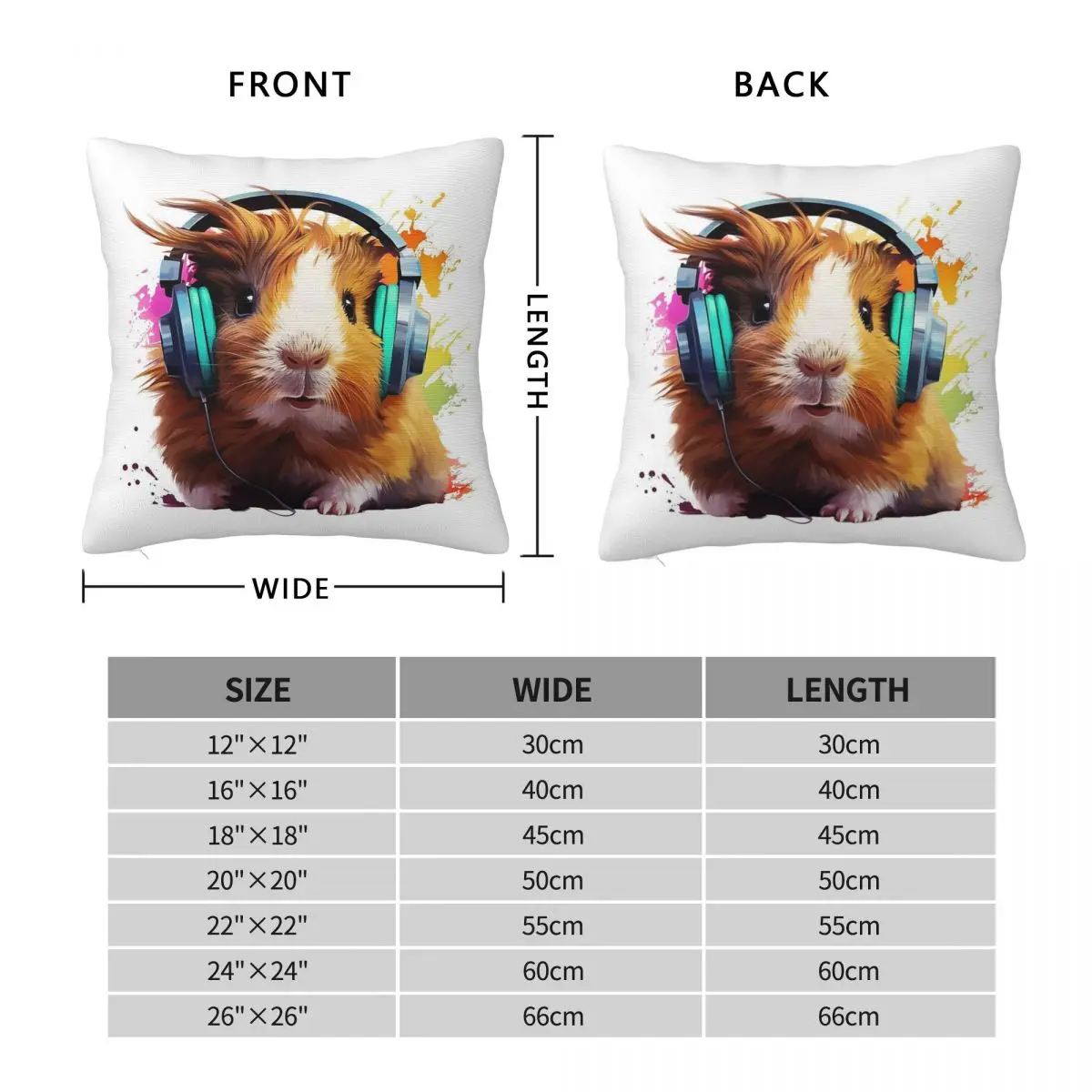 Watercolor Headphones Guinea Pig Square Pillowcase Polyester Linen Velvet Pattern Zip Decor Throw Pillow Case Bed 18