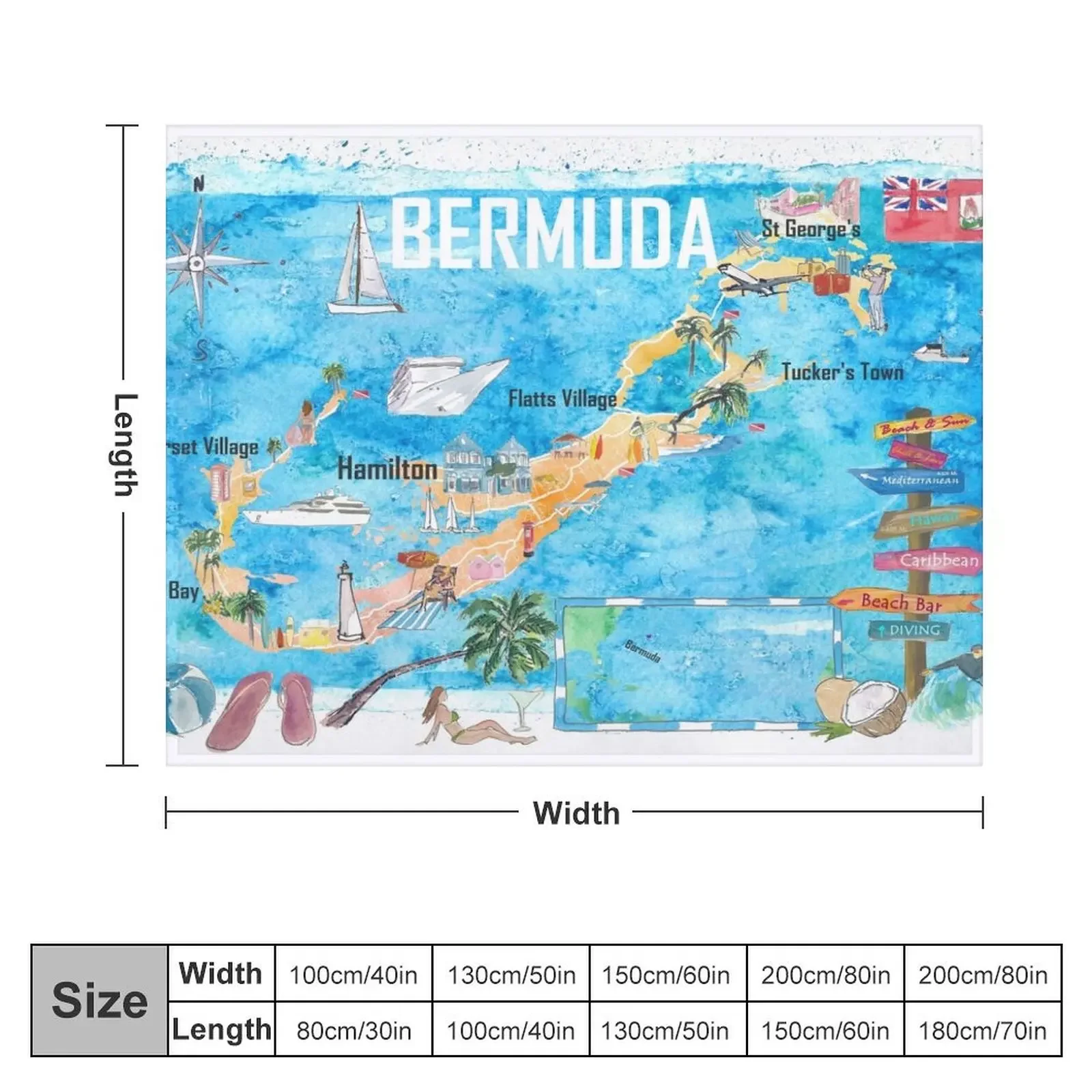 Bermuda Island Travel Poster Favorite Tourist Map Highlights Throw Blanket Loose Soft Beds wednesday Sofa Blankets