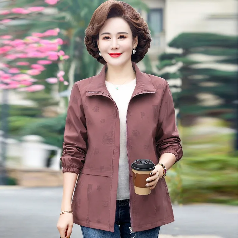 

New Lady Spring Windbreak Casual Coat Elegant 40-50 Year Old Middle-Aged Women'S Loose Print Zipper Jacket