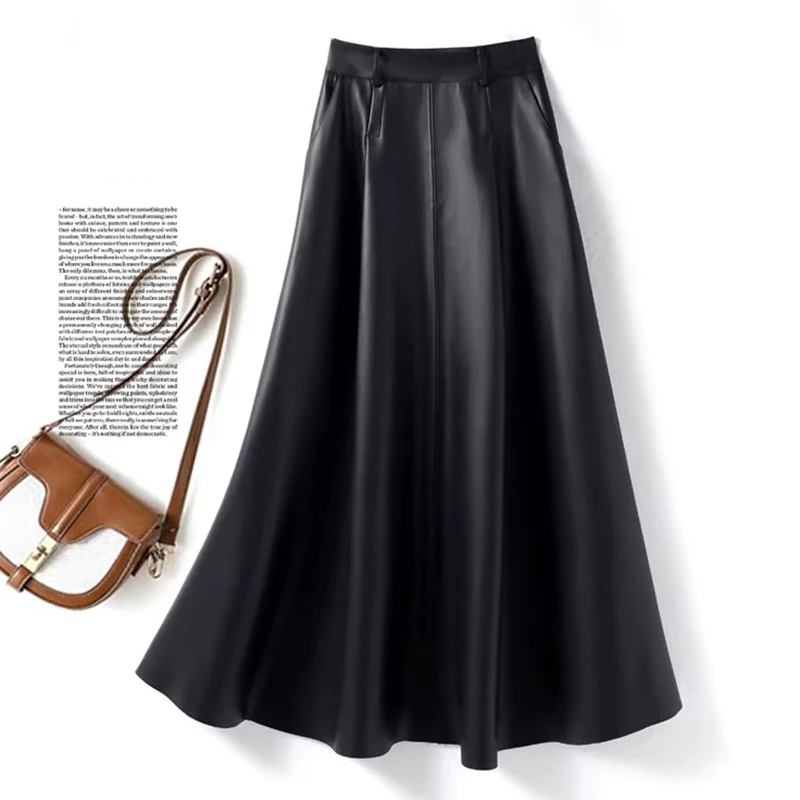 New Women Simplicity Split Leather Skirt Spring Autumn Fashion High Waist A-Line Long Skirt Casual Classic Black Leather Skirt
