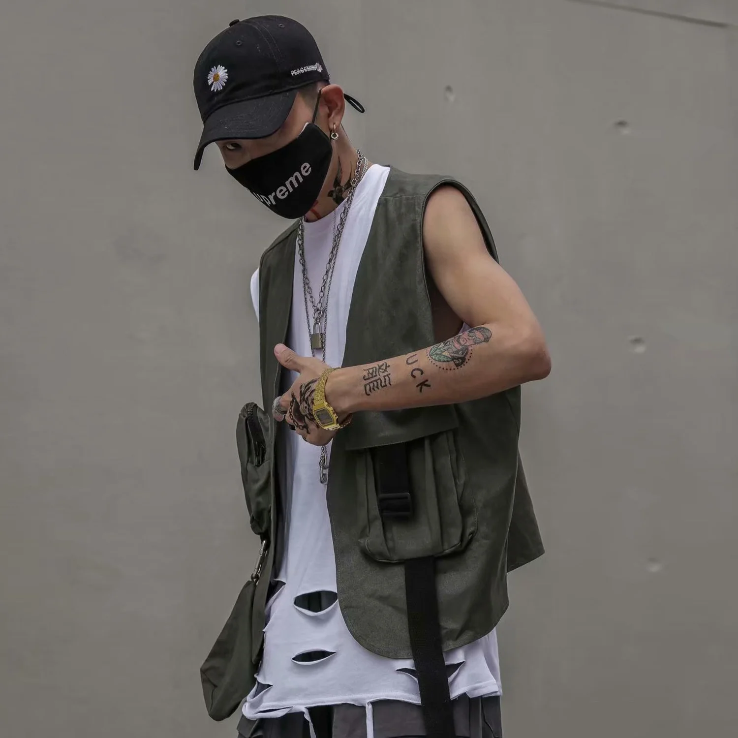 Hop Hip 2022 Big Pockets Cargo Vests Men Tactical Overalls Fashion Streetwear Sleeveless Vintage Techwear Coats