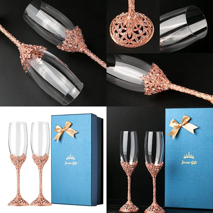 

Champagne Flutes - Crystal Glass Metal Base With Crystal Stones, Set of 2 Toasting Flute Pair, Wedding Anniversary Party Birthd