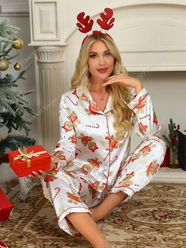 Zweiteiliges Set für Damen mit Allover-Print, Knopfleiste und Vordertasche und Hose mit elastischem Bund, Satin-Pyjama, lässig, bequem, langärmelig