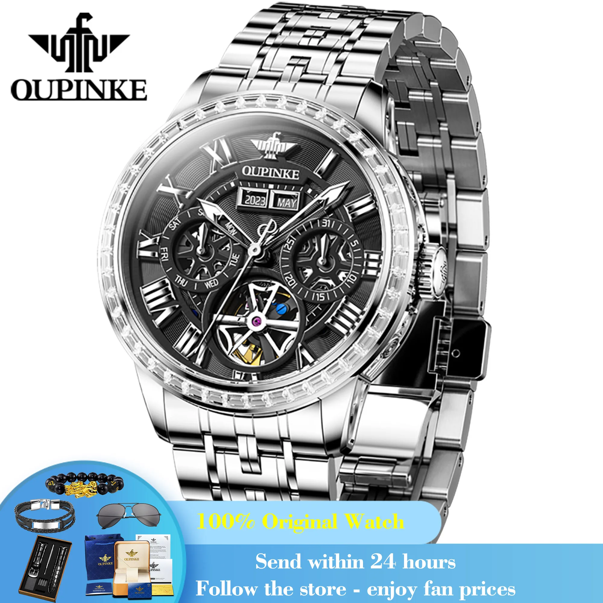 

OUPINKE 3252 Man Automatic Watch Synthetic Sapphire Mirror Roman Scale Hollow Watch For Men Deep Waterproof Mechanical Men Clock