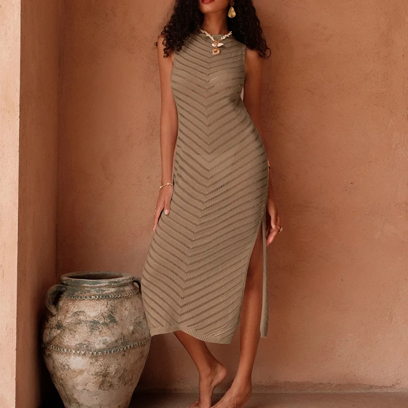 Robe de plage en tricot transparent sans manches pour femmes, Slim, fente latérale, Crochet, Cover-Up pour Bikini, Sexy, longue, été, 2025